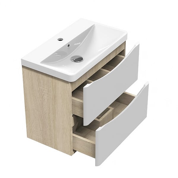AICA SANITAIRE - AICA Meuble de salle de bain 60cm avec 2 tiroirs, suspendu Blanc + Chêne - large