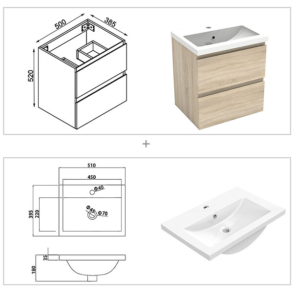 AICA SANITAIRE - AICA Ensemble meuble vasque L.50cm chêne 2 tiroirs + lavabo + colonne design - large