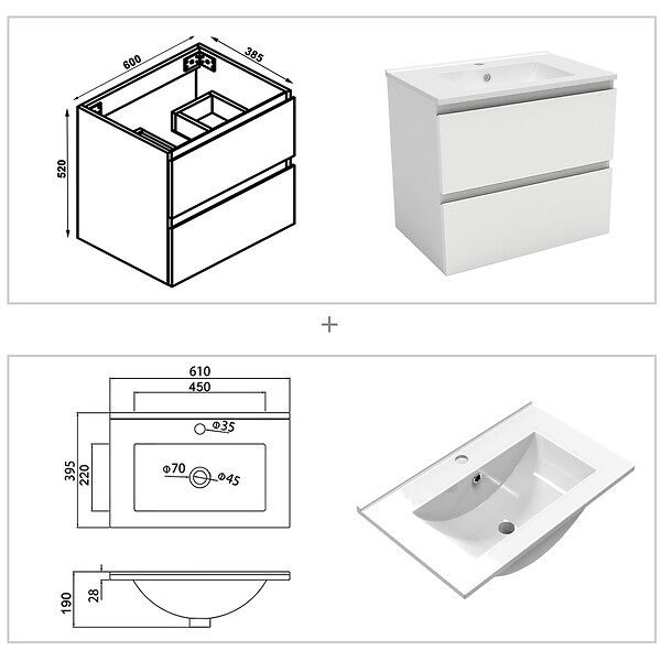 AICA SANITAIRE - AICA Ensemble meuble vasque L.60cm blanc 2 tiroirs + lavabo + colonne - large