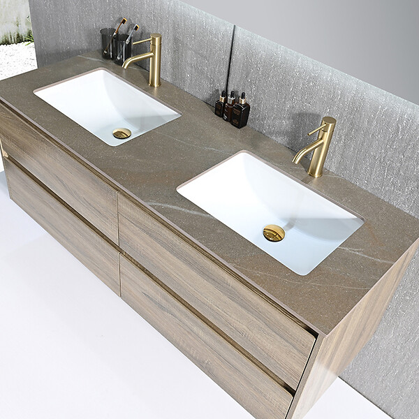 LUXURYBAIN - Meuble salle de bain double vasque 120cm bois et effet marbre marron avec miroir LED LB-8475M-120 - large
