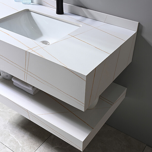 LUXURYBAIN - LuxuryBain - Meuble de salle de bain simple vasque 100cm effet marbre blanc et doré avec miroir led - large