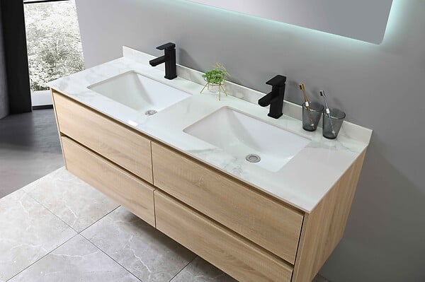 LUXURYBAIN - LuxuryBain- Meuble de salle de bain double vasque 140cm bois et blanc effet marbre avec miroir LED LB-8475 - large