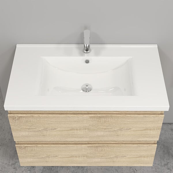 AICA SANITAIRE - AICA Ensemble meuble Chêne et vasque L.79cm 2 tiroirs + colonne haut + lavabo + miroir - large