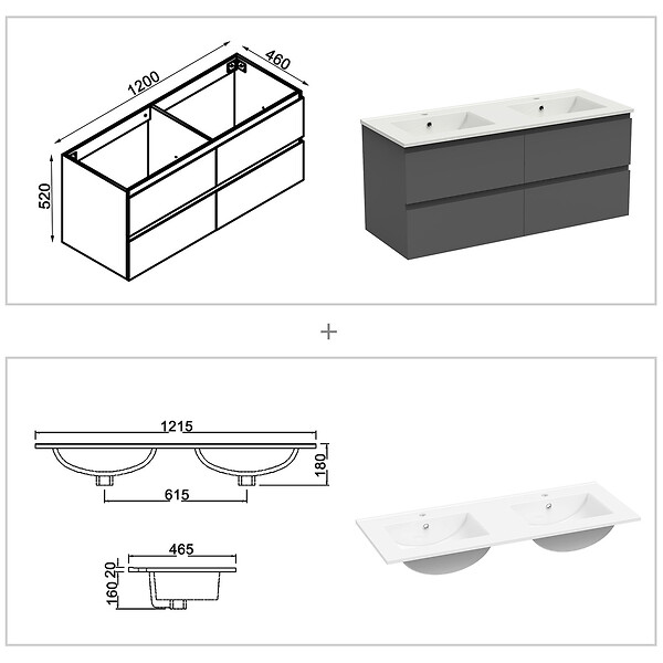 AICA SANITAIRE - AICA Ensemble meuble double vasque L.120cm 4 tiroirs + lavabo + 2*LED miroirs rond 60cm + 2*colonne,anthracite B - large