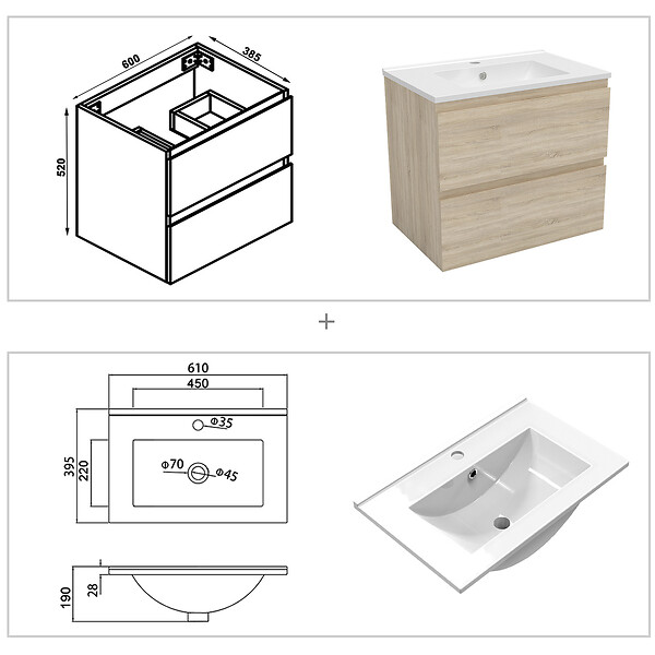 AICA SANITAIRE - AICA Ensemble meuble vasque L.60cm 2 tiroirs + lavabo + LED miroir rond 60cm + colonne,chêne easy - large