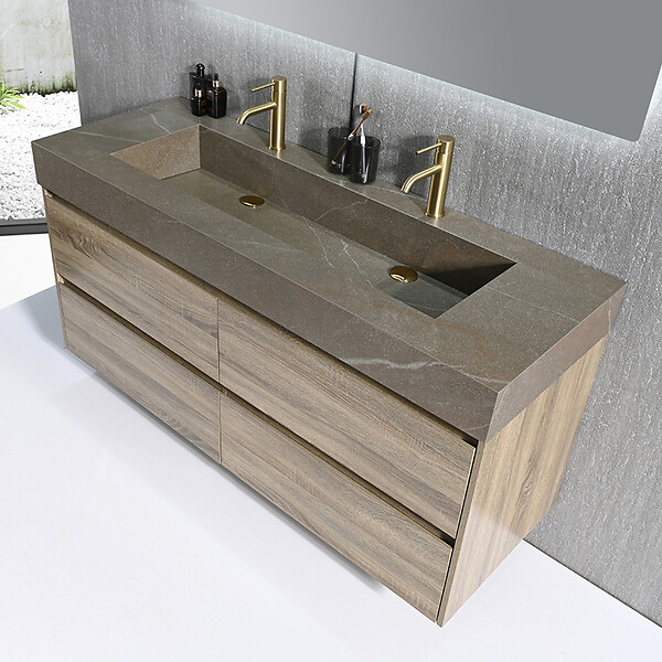 LUXURYBAIN - Meuble salle de bain double vasque 120cm bois et effet marbre marron avec miroir LED LB-8476M-120 - large