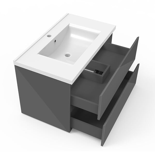AICA SANITAIRE - AICA ensemble meuble salle de bain 80 cm anthracite brillant avec 2 tiroirs à fermeture automatique, lavabo céramique simple + colonne, suspendu - large