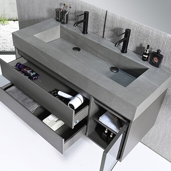 LUXURYBAIN - Meuble salle de bain double vasque 120cm gris et effet marbre gris avec miroir LED LB-8512G-120 - large