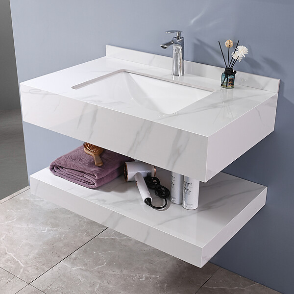 LUXURYBAIN - LuxuryBain - Meuble de salle de bain simple vasque 100cm  effet marbre blanc avec miroir led - large
