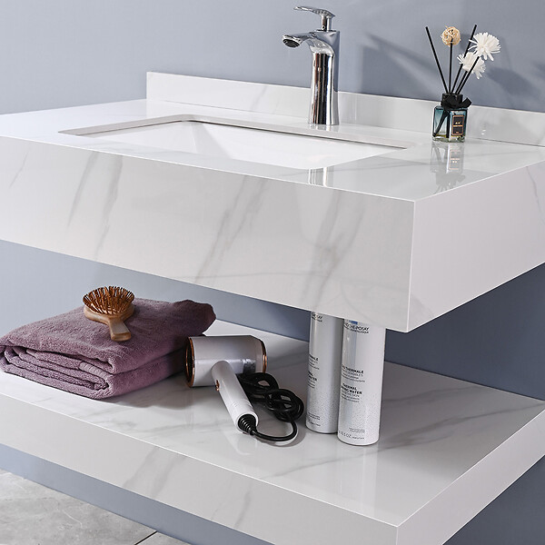 LUXURYBAIN - LuxuryBain - Meuble de salle de bain simple vasque 100cm  effet marbre blanc avec miroir led - large