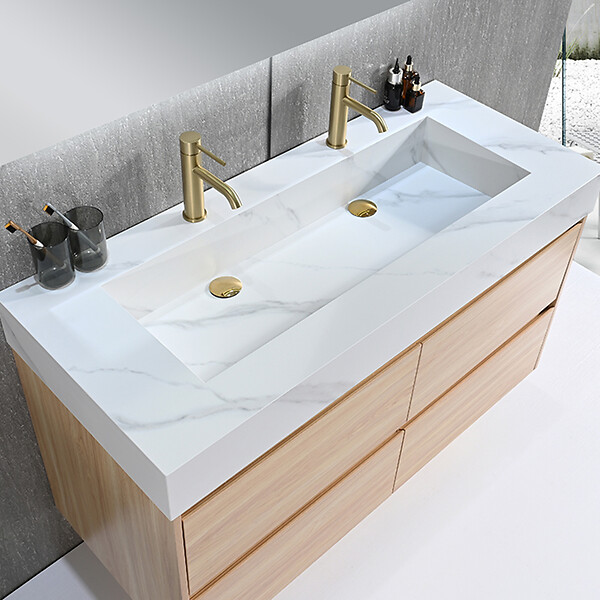 LUXURYBAIN - Meuble salle de bain double vasque 140cm bois naturel et effet marbre blanc avec miroir LED LB-8476C-140 - large