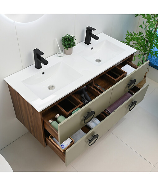 LUXURYBAIN - LuxuryBain - Meuble de salle de bain double vasque 120cm bois et vert avec miroir led - large