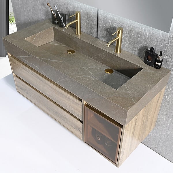 LUXURYBAIN - Meuble salle de bain double vasque 120cm bois et effet marbre marron avec miroir LED LB-8512M-120 - large