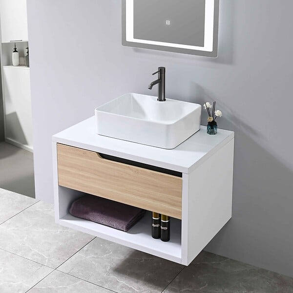 LUXURYBAIN - LuxuryBain- Meuble de salle de bain simple vasque 80cm bois et blanc avec miroir LED LB-8153-80 - large