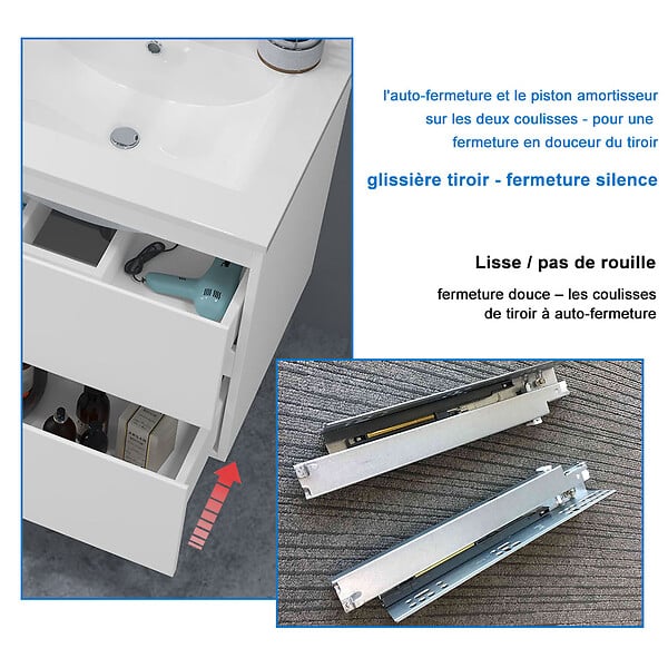 AICA SANITAIRE - AICA Meuble salle de bain 80cm blanc brillant avec 2 tiroirs à fermeture automatique et simple lavabo céramique - large