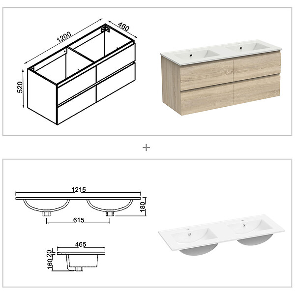 AICA SANITAIRE - AICA Ensemble meuble double vasque L.120cm 4 tiroirs + lavabo + 2*LED miroirs rond 60cm + 2*colonne,chêne.easy - large
