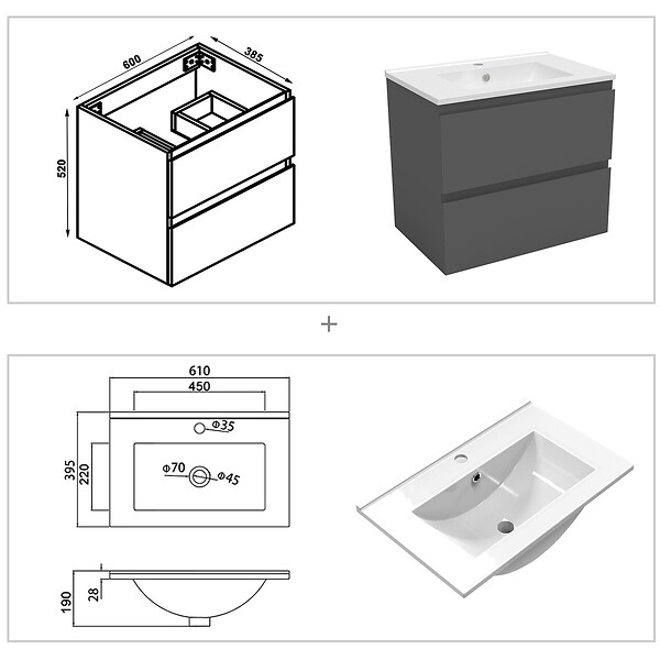 AICA SANITAIRE - AICA Ensemble L.60cm meuble vasque 2 tiroirs + lavabo + LED miroir rond 60cm,anthracite - large