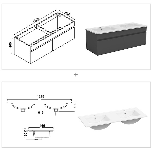 AICA SANITAIRE - AICA Ensemble meuble double vasque L.120cm anthracite 2 portes + lavabo + LED miroir,moderne - large