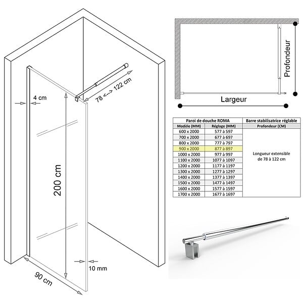 SANIVERRE - ROMA Paroi de douche Italienne 90x200cm verre 10 mm opaque - large