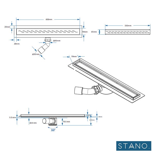 STANO - Receveur de douche à carreler 90 x 160 cm ELIO 4 pentes grille linéaire et bonde incluses - large