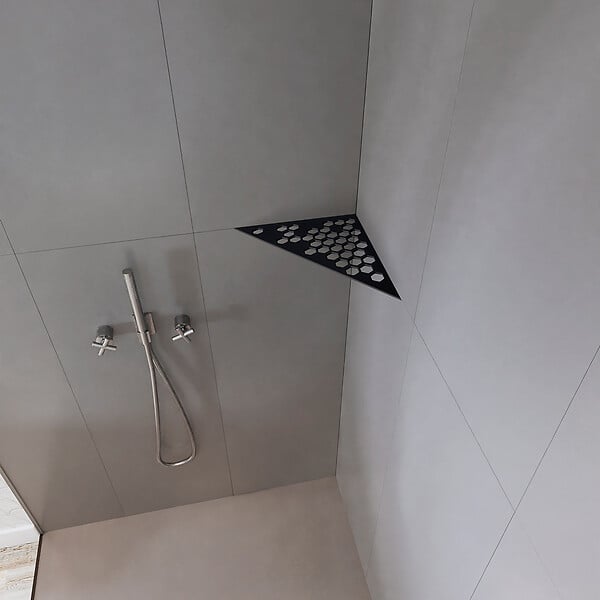 U-TILE - Etagère de douche en acier inox noir 20,4 x 20,4 cm x 2 mm - Triangulaire design Hexagone - fixation sans perçage - large