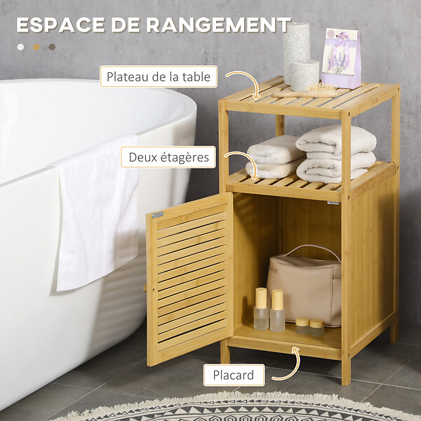 KLEANKIN - Meuble bas salle de bain rangement salle de bain 1 porte 2 étagères bois bambou verni - large