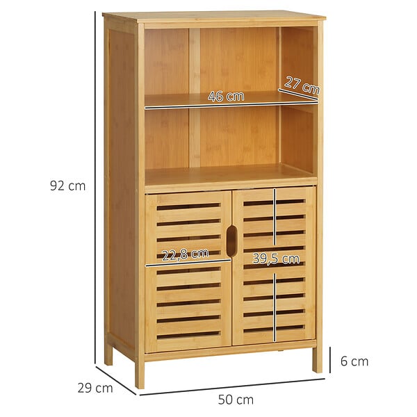 KLEANKIN - Meuble rangement bas salle de bain bambou style naturel 2 portes avec étagère 2 niches bambou - large
