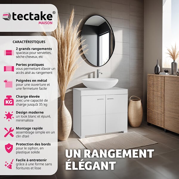 TECTAKE - Meuble sous-lavabo Idris, 2 compartiments, capacité de charge env. 35 kg - large