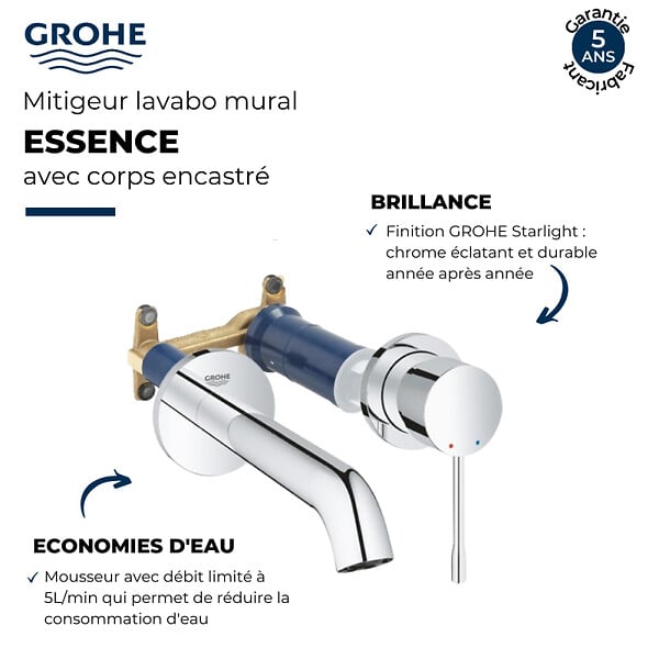GROHE - Grohe Façade Essence Mitigeur monocommande 2 trous lavabo Taille M Cool Sunrise brossé+corps encastré - large