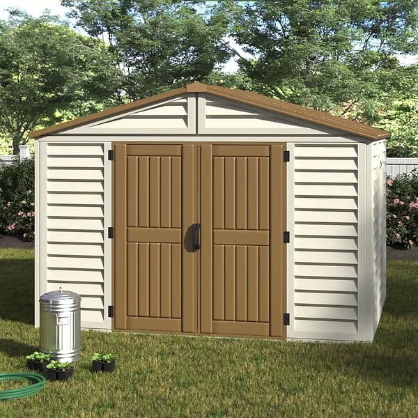 DURAMAX - Abri PVC Woodstyle PREMIUM - 13,12m² - Kit fondation + 1 fenêtre - Beige - large