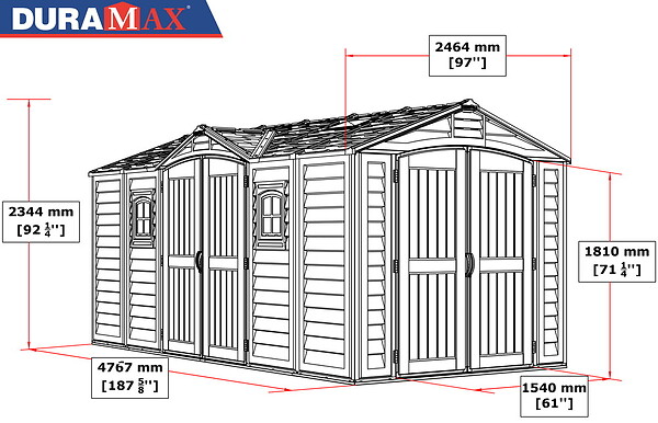 DURAMAX - Abri PVC DARK GREY Apex 11,95m² - kit fondation, 2 fenêtres, 2 puits de lumière - Gris - large