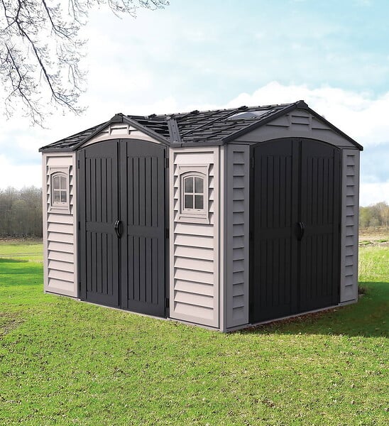 DURAMAX - Abri PVC DARK GREY Apex 8,05m² - kit fondation, 2 fenêtres, 2 puits de lumière - Gris - large