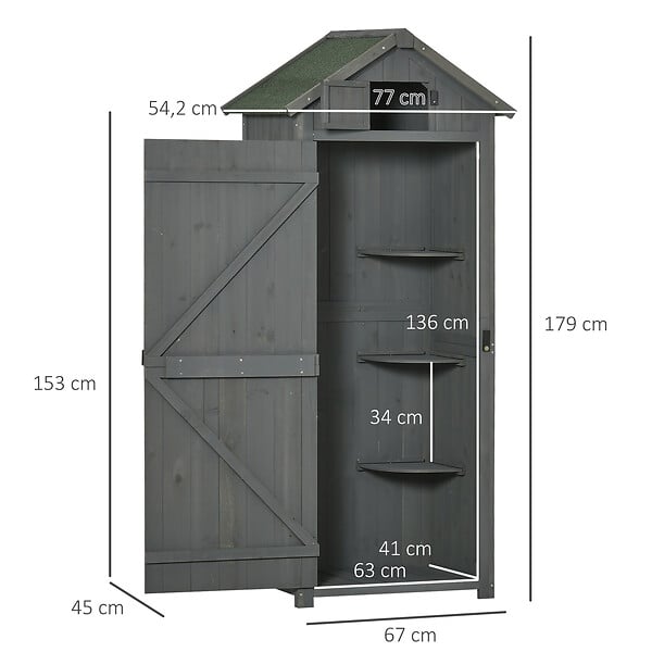 OUTSUNNY - Armoire abri de jardin remise pour outils 3 étagères 2 portes loquets toit pente bitumé 77L x 54l x 179H cm sapin traité gris - large