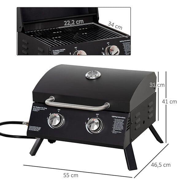 OUTSUNNY - Barbecue gaz de table transportable pieds pliables - 2 brûleurs 5 kW - barbecue gaz de camping - grille de cuisson, réceptacle graisse, thermomètre - acier noir - large