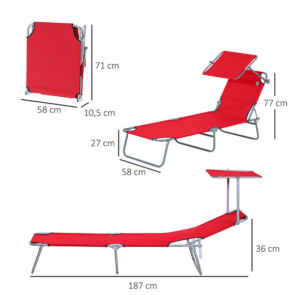 OUTSUNNY - Transat bain de soleil pliable grand confort dossier et pare-soleil réglable multi-positions rouge - large