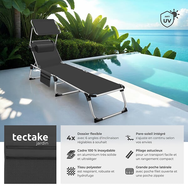TECTAKE - Chaise longue en aluminium Aurelie, rembourrée et pliable noir - large