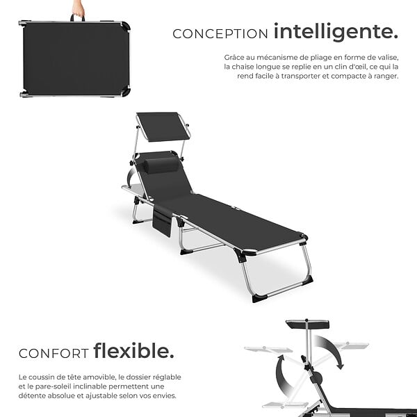 TECTAKE - Chaise longue en aluminium Aurelie, rembourrée et pliable noir - large