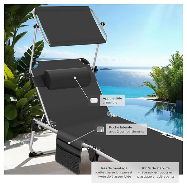 TECTAKE - Chaise longue en aluminium Aurelie, rembourrée et pliable noir - large