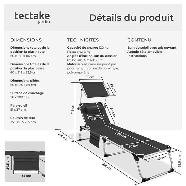 TECTAKE - Chaise longue en aluminium Aurelie, rembourrée et pliable noir - large