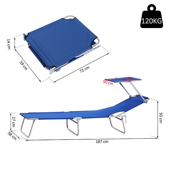OUTSUNNY - Transat bain de soleil pliable grand confort dossier et pare-soleil réglable multi-positions bleu - large
