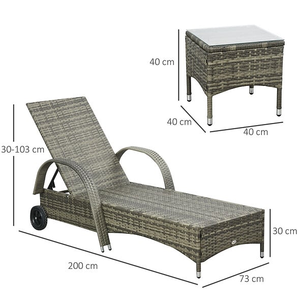 OUTSUNNY - Lot de 2 transats bains de soleil grand confort : matelas, têtière, inclinaison réglable multipostions, accoudoirs, roulettes + table basse verre trempé résine tressée grise - large