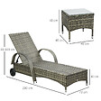 OUTSUNNY - Lot de 2 transats bains de soleil grand confort : matelas, têtière, inclinaison réglable multipostions, accoudoirs, roulettes + table basse verre trempé résine tressée grise - vignette