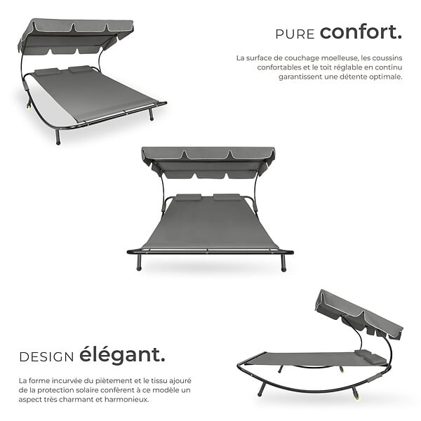 TECTAKE - Transat 2 places noir/gris - large