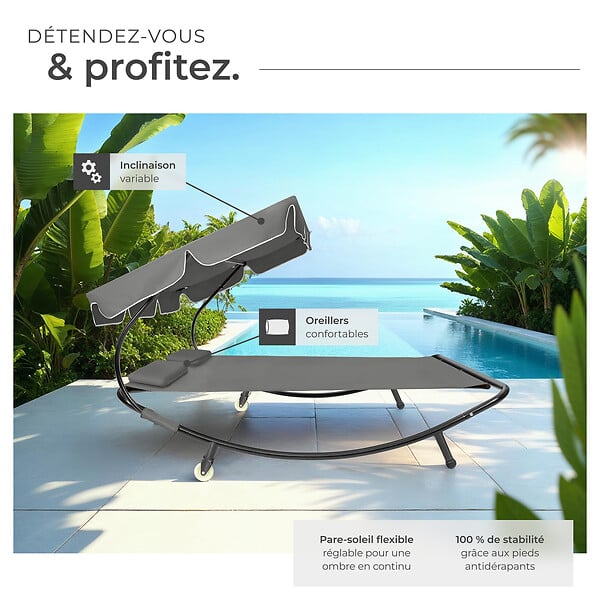 TECTAKE - Transat 2 places noir/gris - large