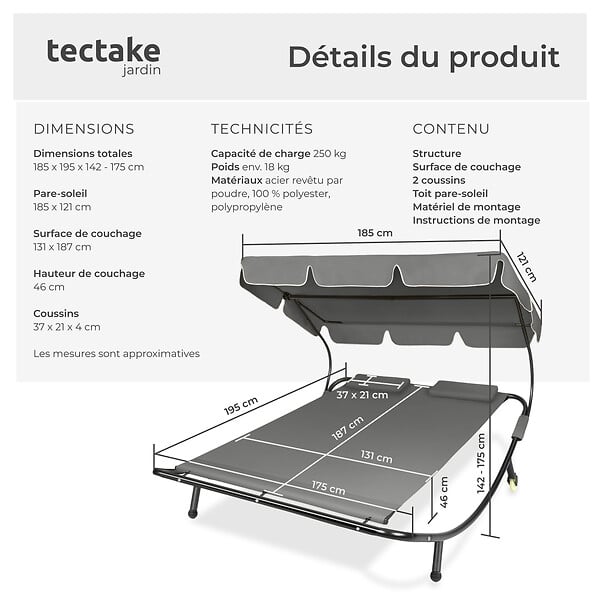 TECTAKE - Transat 2 places noir/gris - large