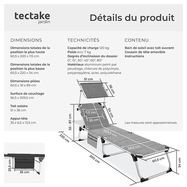 TECTAKE - Chaise longue en aluminium Lorella, rembourrée et pliable gris tacheté - large