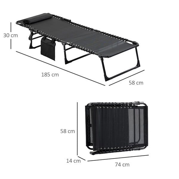 OUTSUNNY - Bain de soleil transat pliable avec poignée - dossier inclinable multi-positions, pochette, tétière - acier époxy lacets élastiques textilène noir - large