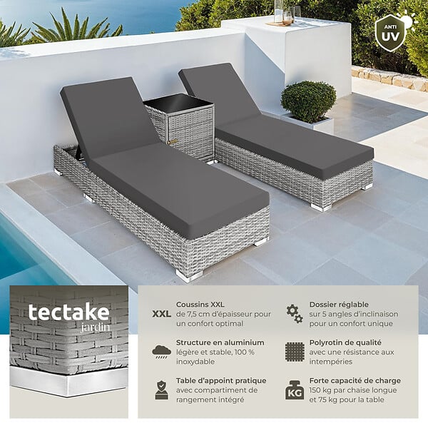 TECTAKE - Lot de 2 bains de soleil luxe résine en tressée aluminium avec table rangement gris - large