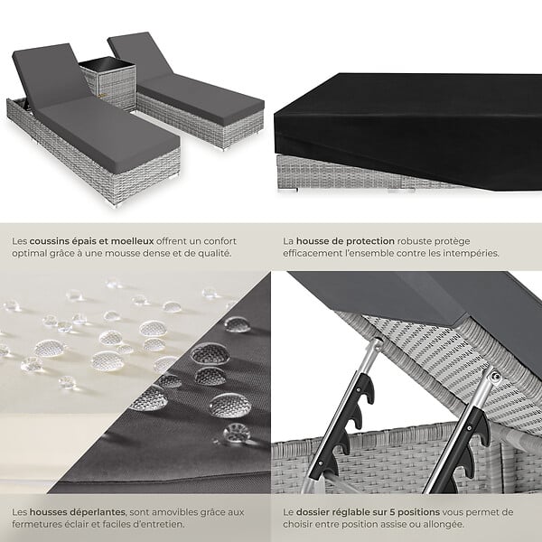 TECTAKE - Lot de 2 bains de soleil luxe résine en tressée aluminium avec table rangement gris - large
