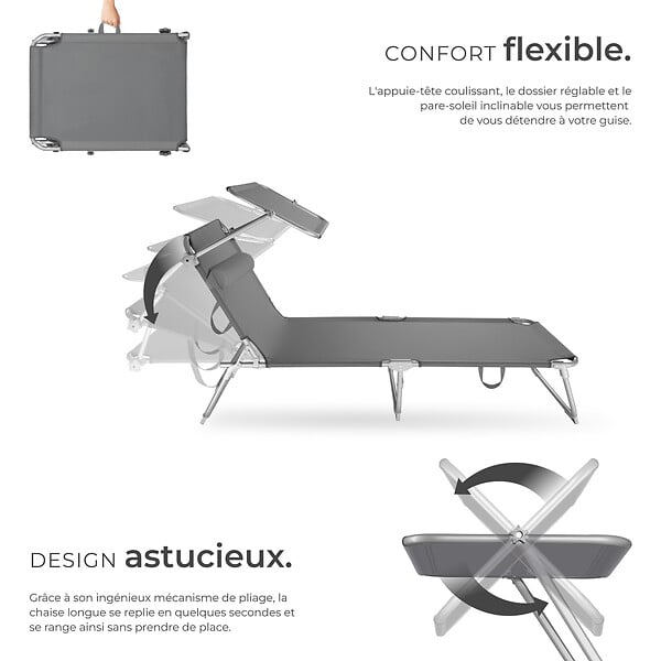 TECTAKE - Lot de 2 chaises longues pliantes en acier avec appuie-tête amovible pare-soleil 4 positions gris 190 x 68 x 111 cm - large